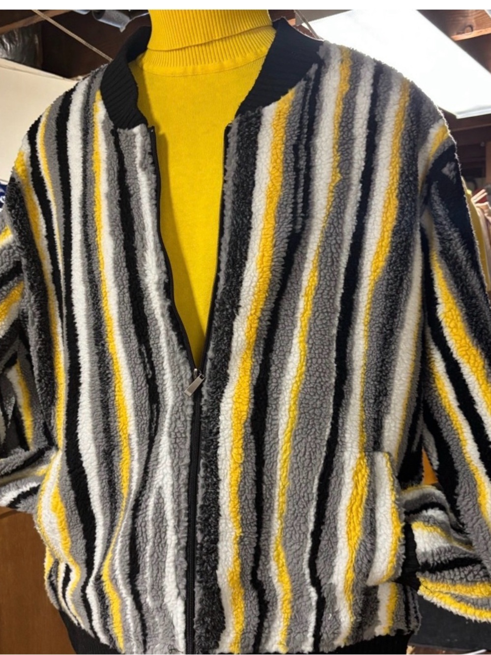Striped Sherpa Zip-Up Sweater Jacket - Yellow, Gray & Black
